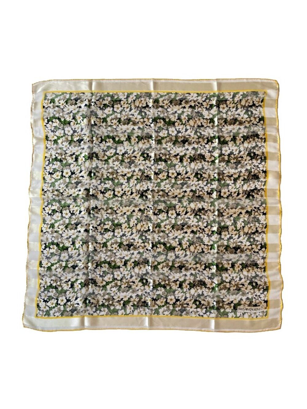 Vintage YSL Silk Chiffon Floral Scarf Yellow Border
